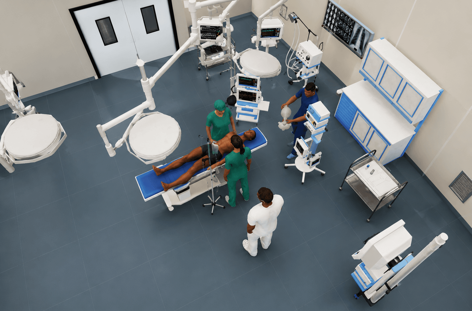 Sala de emergência do simulador 3D vista de cima, com equipe, maca, monitores e equipamentos